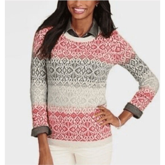 NWT Talbots Fair Isle Lambs Wool Blend Crewneck Sweater Women Size M Gray Coral - Picture 8 of 9